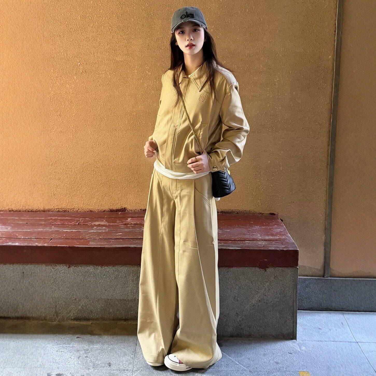 港风复古运动服套装女春秋宽松时尚短款卫衣外套阔腿裤休闲两件套