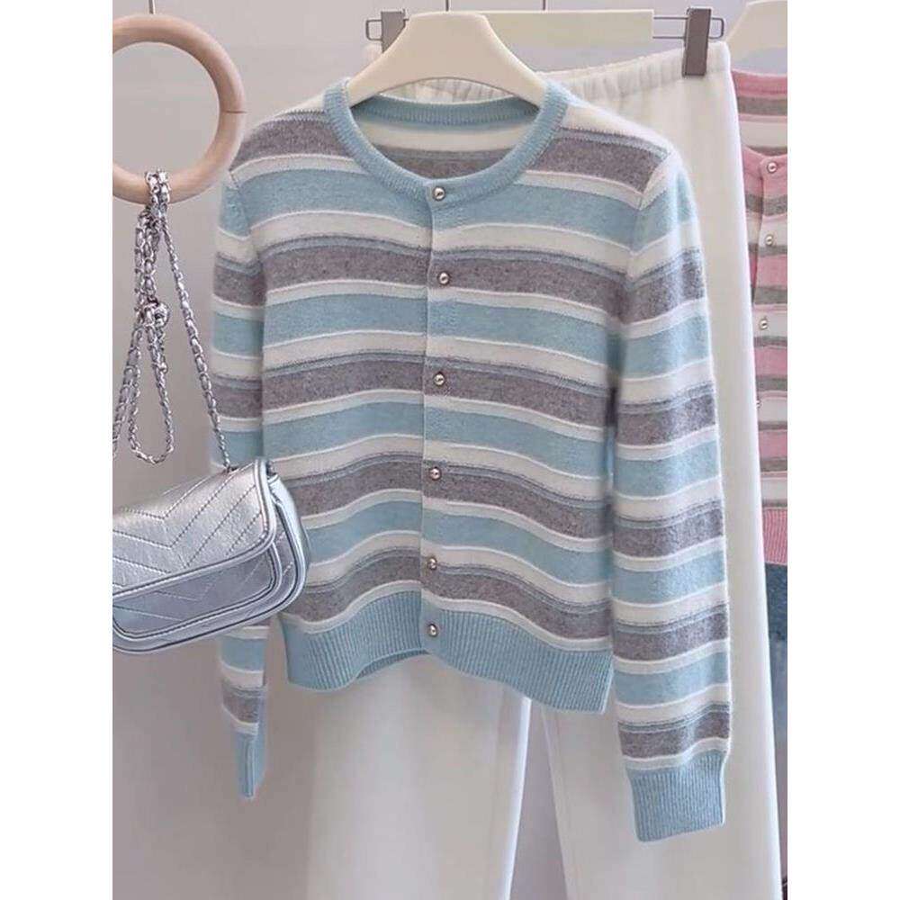 韩系软糯蓝色条纹圆领针织开衫内搭2025早春毛衣打底衫短款上衣女