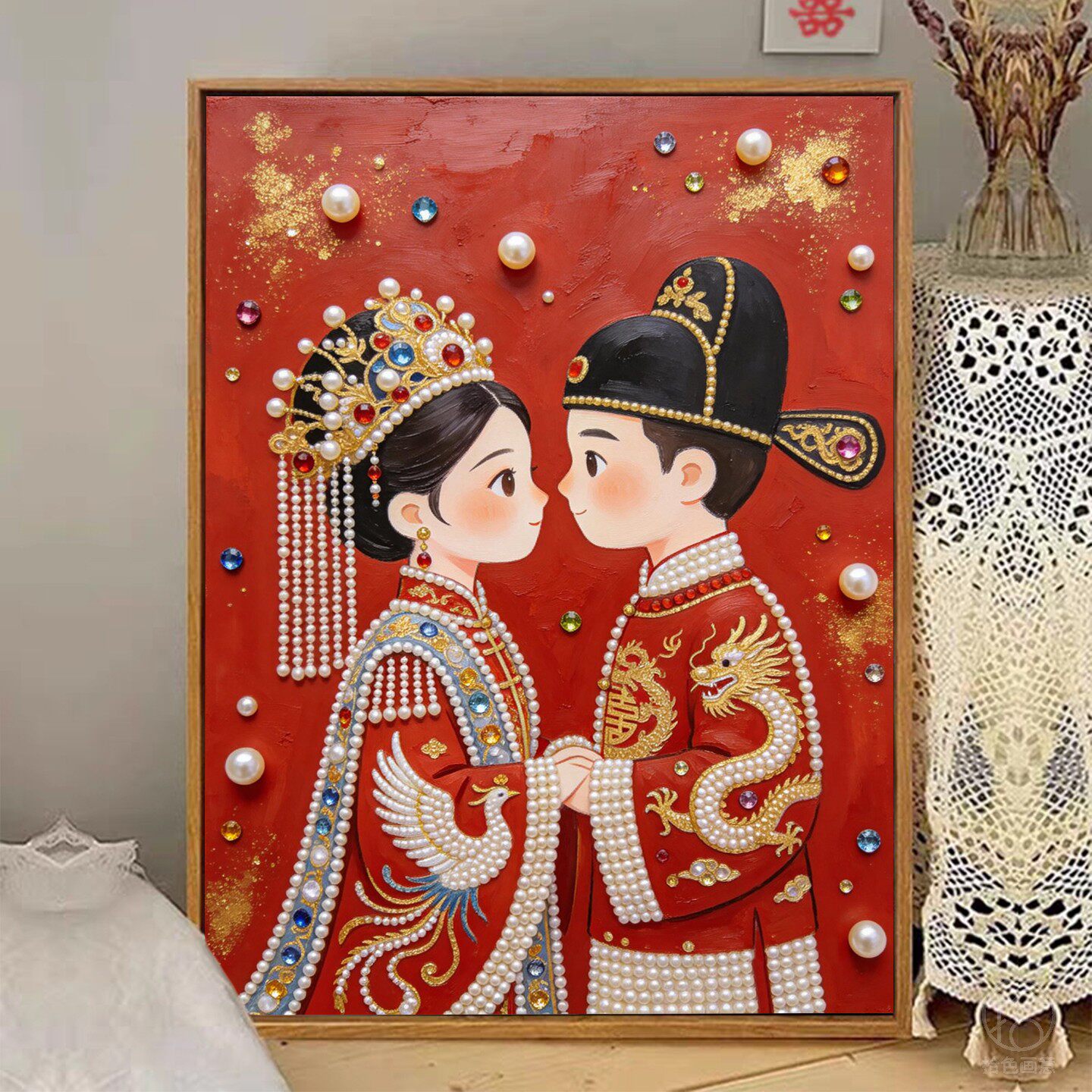 新中式结婚礼物珍珠画diy材料包订婚数字油画手工高级感装饰挂画