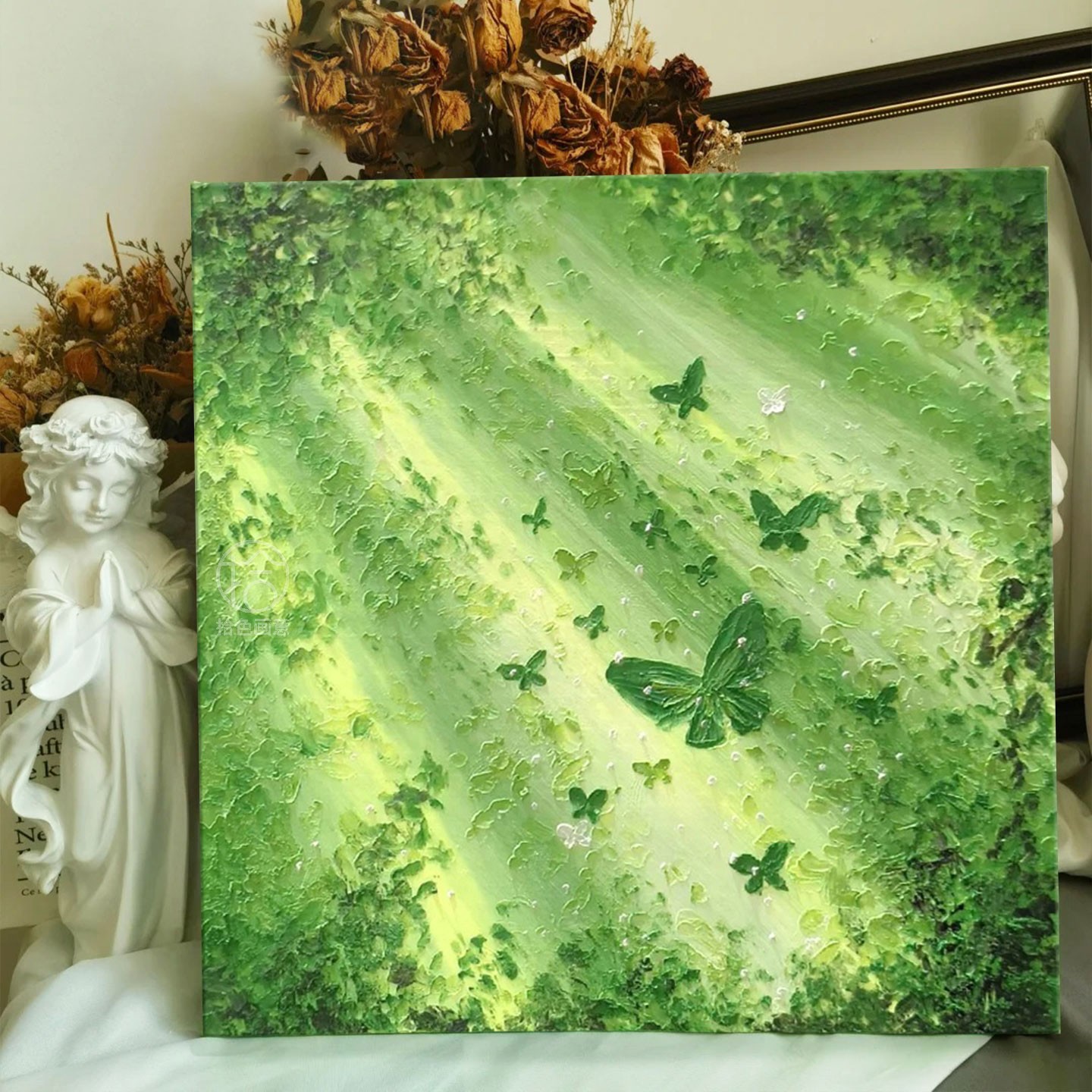 荷花风景石英砂肌理画diy材料全套手工绘填色蝴蝶数字油画高级感