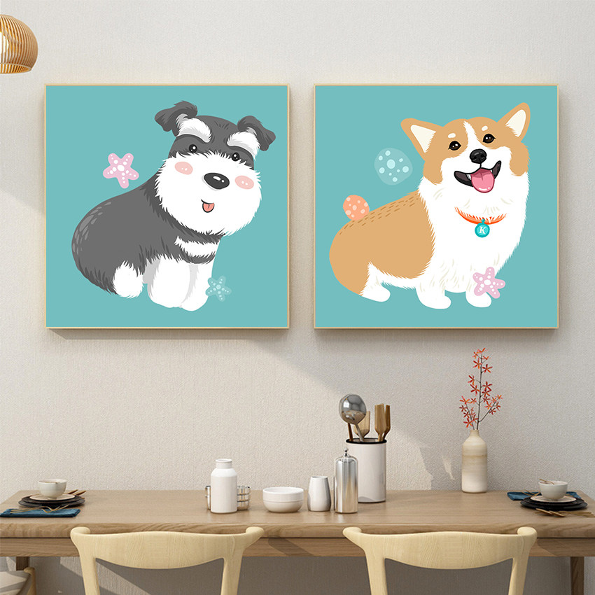 狗狗柯基雪纳瑞 数字油画diy填充涂鸦卡通手绘丙烯手工装饰油彩画