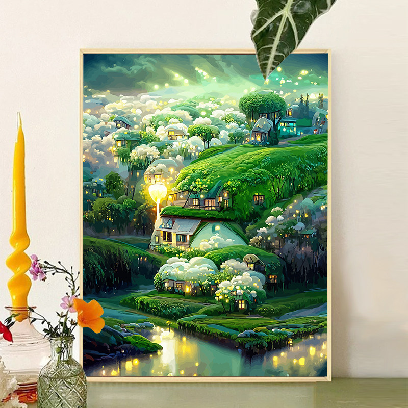 宫崎骏夏天手工绘风景数字油画diy填色充涂鸦画画治愈油彩装饰画