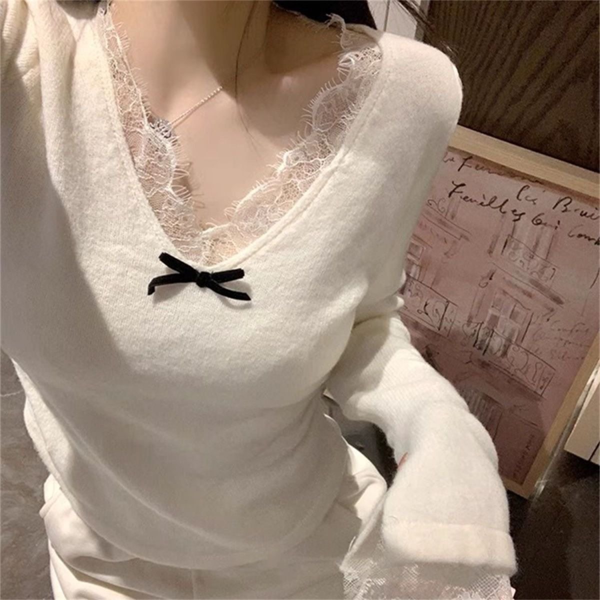 法式拼接香风蕾丝花边蝴蝶结T恤秋冬纯欲风显瘦遮肉打底上衣长袖