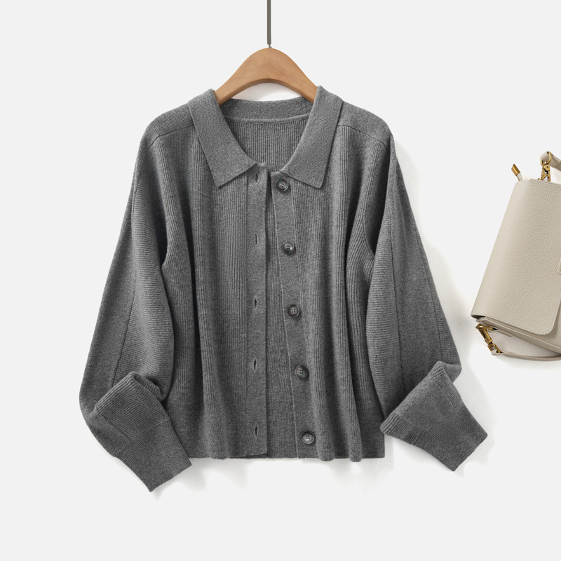 cos同款翻领100绵羊毛针织开衫毛衣秋季新款女装长袖宽松柳条