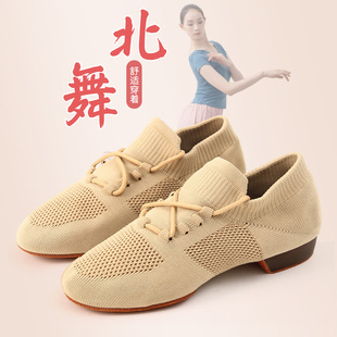 北舞舞蹈鞋女软底教师练功鞋成人芭蕾舞飞织布免系带室外跳舞鞋