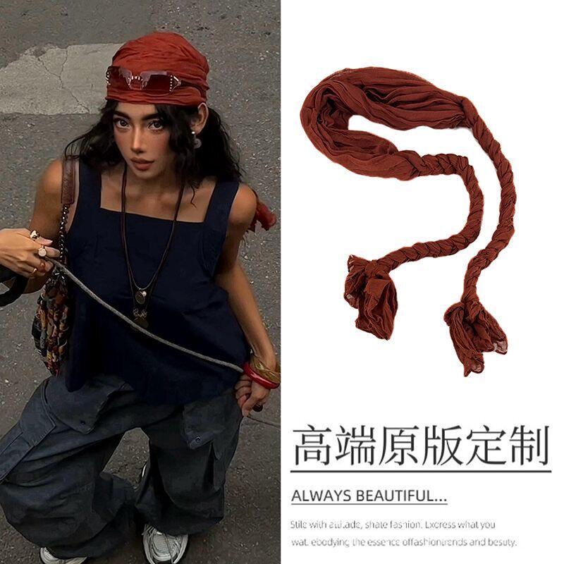 橘色小辫子纱巾欧美风个性时尚女
