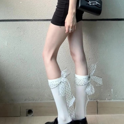 少女感奶白色波点丝带小腿袜薄款
