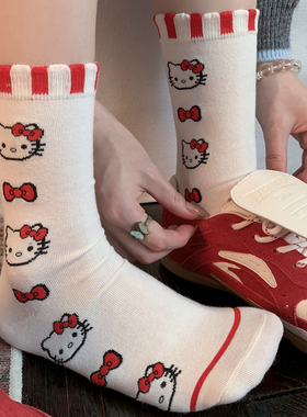 hellokitty袜子女款秋中筒袜白色堆堆袜长筒袜可爱卡通袜凯蒂猫袜