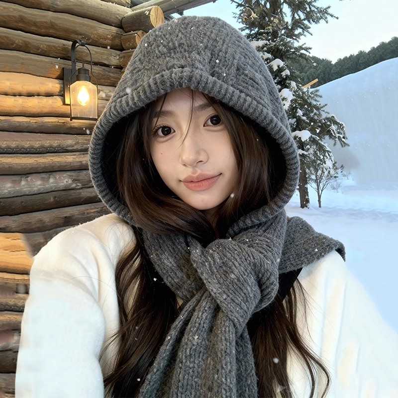 帽子围巾一体女秋冬保暖针织毛线