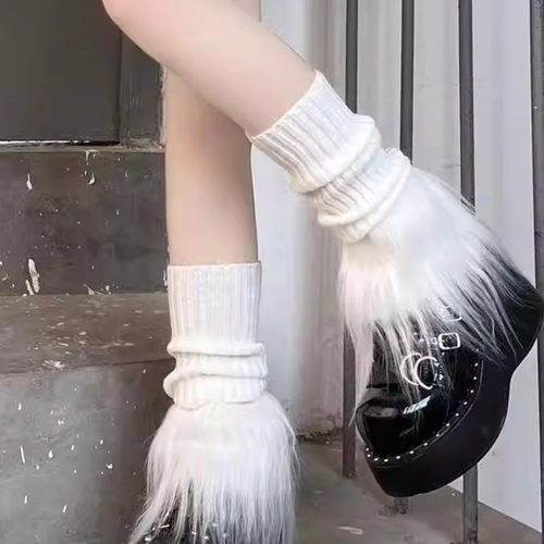 毛毛袜套手工拼接针织保暖腿套女