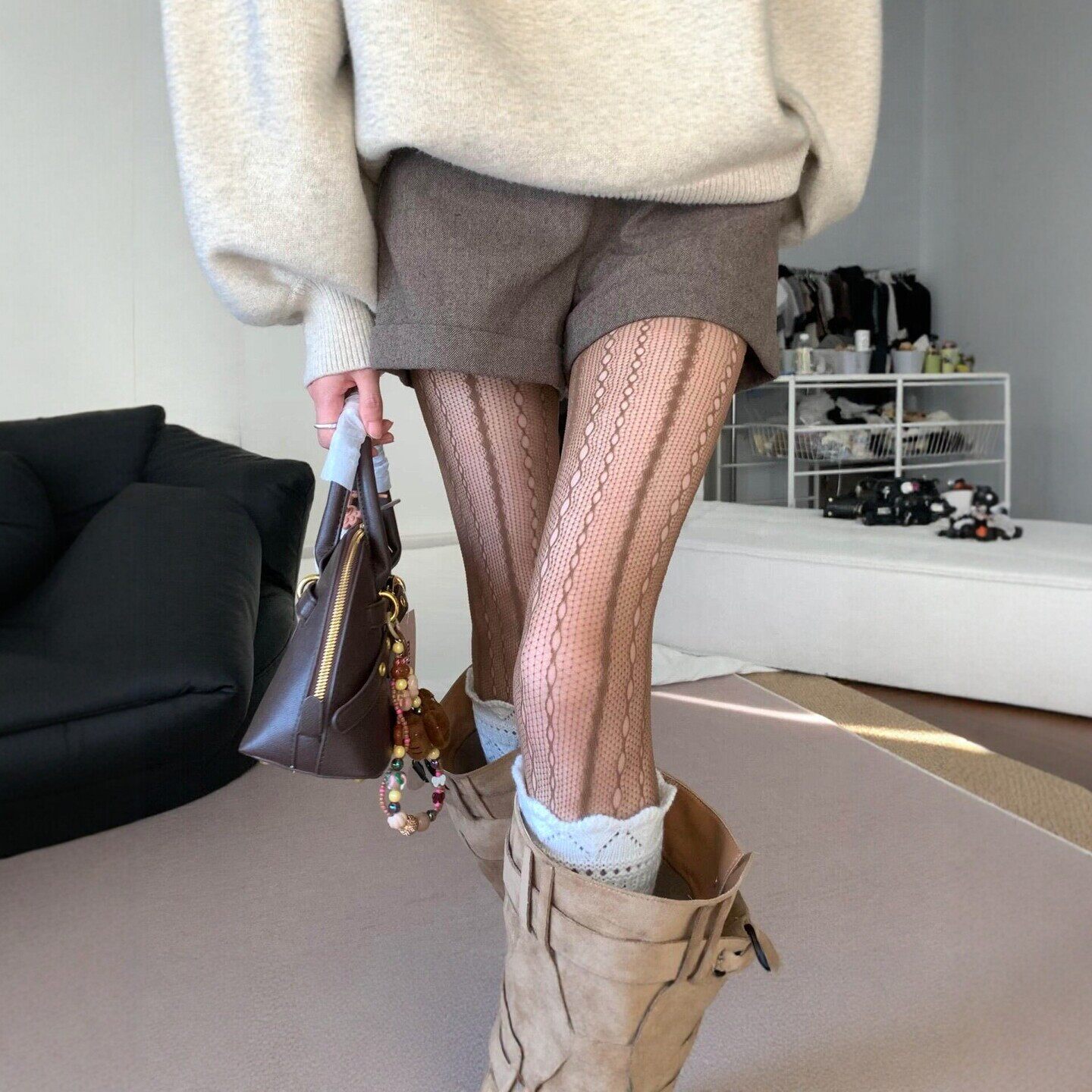 最上头的巴恩风叠穿！蕾丝网眼镂空提花防勾丝不掉档打底丝袜女~.