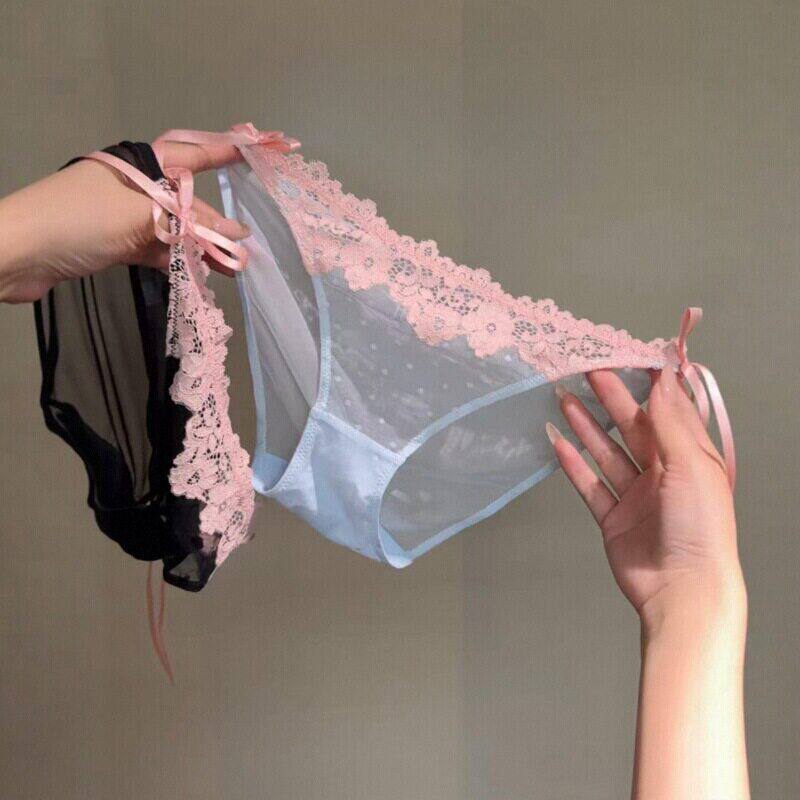 天青釉色好清透~纯欲蝴蝶结丝带~夏日性感蕾丝波点高叉内裤女鞋带