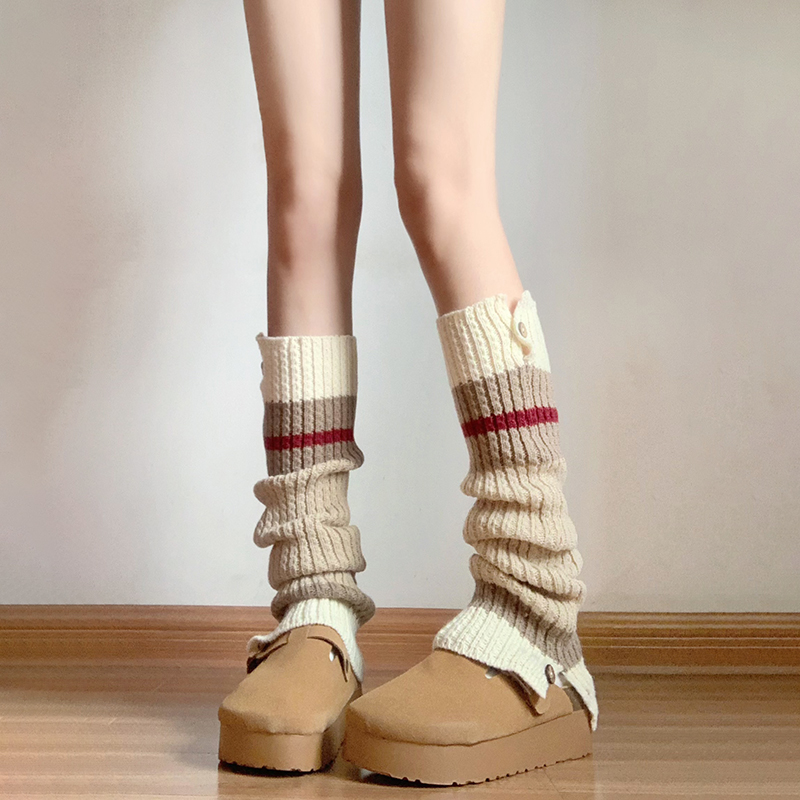 复古雪地靴针织袜套拼色纽扣堆堆