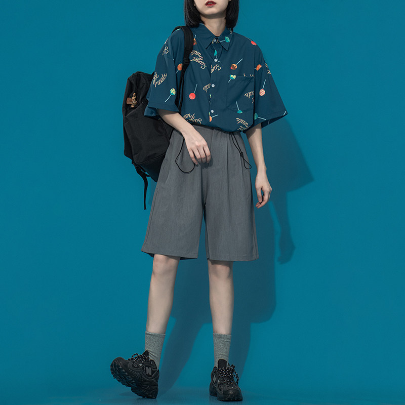 tgea夏季薄日系高腰黑色休闲西装短裤女港风宽松五分裤女a字中裤