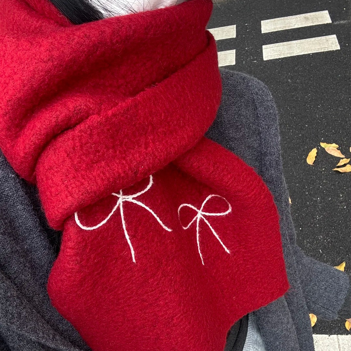 圣诞红围巾针织女秋冬复古蝴蝶结