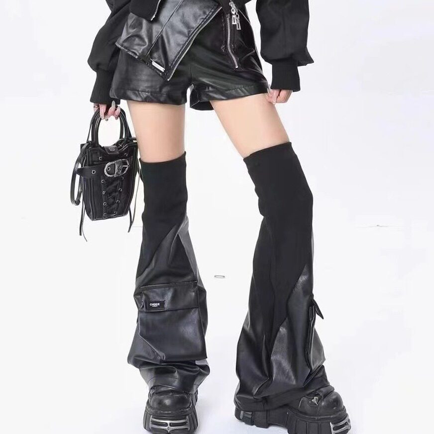口袋PU革拼接辣妹仿皮阔腿袜套女