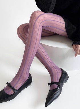 紫色丝袜女春夏薄款法式蕾丝连裤袜提花纯欲显瘦竖条纹打底袜黑丝