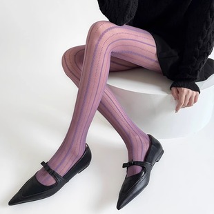 紫色丝袜女春夏薄款法式蕾丝连裤袜提花纯欲显瘦竖条纹打底袜黑丝