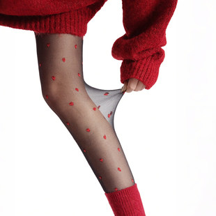 新年红色叠穿太应景！红色爱心袜薄款黑丝纯欲辣妹防勾丝打底袜！