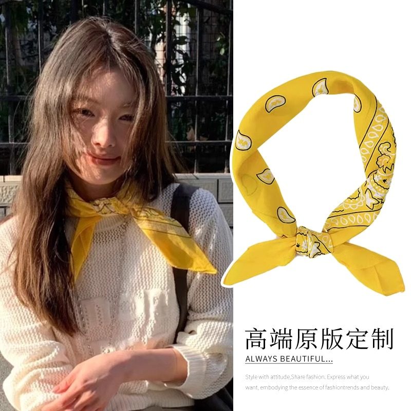 吸睛！韩女黄色腰果花丝巾系脖高级感印花小方巾领巾个性时尚配饰