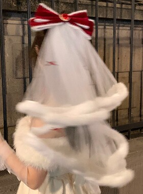 圣诞氛围头纱~红色丝绒蝴蝶结发夹白色节日派对拍照发饰在逃公主
