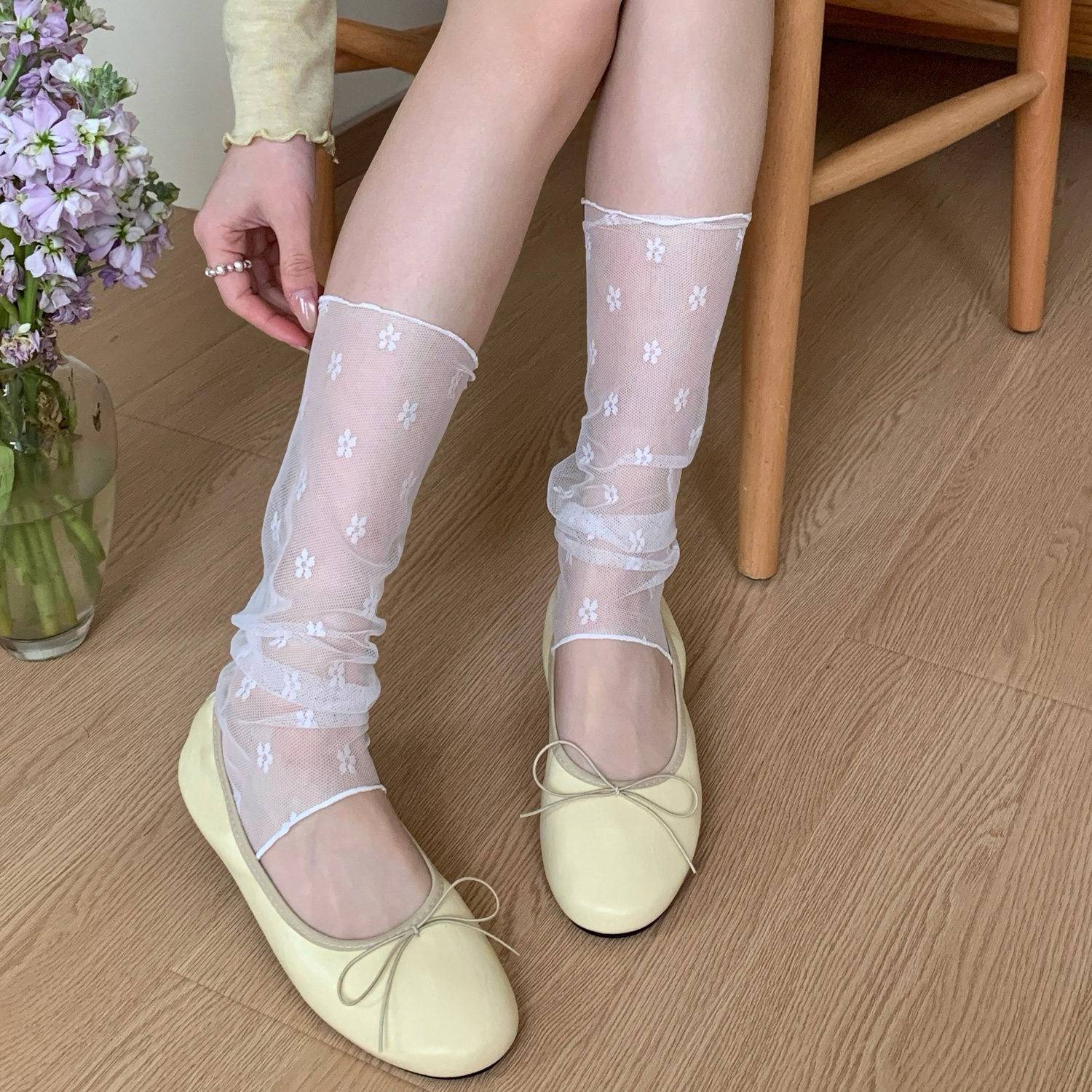 2026夏季薄款蕾丝波点堆堆袜套女
