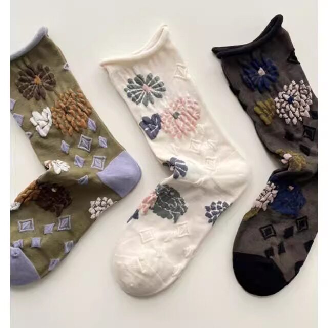 日系甜美花朵浮雕中筒袜