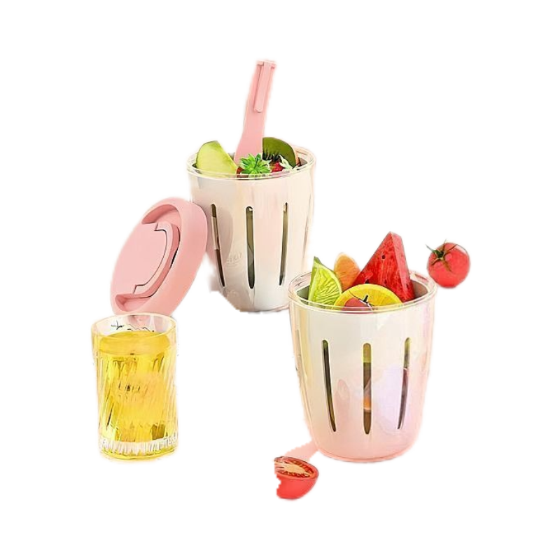 便携式ins水果沙拉杯双层沥水密封野餐盒早餐叉子外带设计