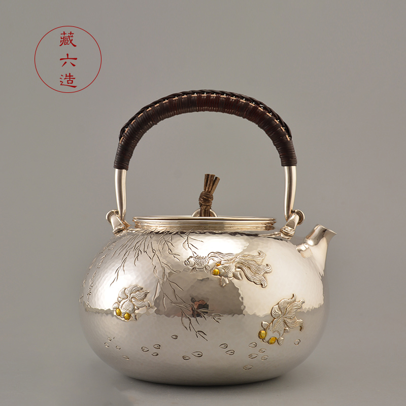 藏六造 清池鱼影银壶 纯银999烧水壶纯手工一张打家用茶具