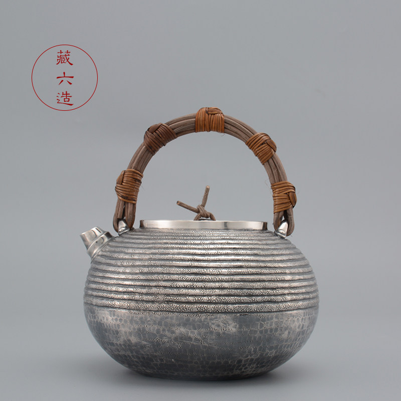 银壶 藏六造螺纹藤把纯银999纯手工银壶烧水壶煮茶泡茶壶日本银壶