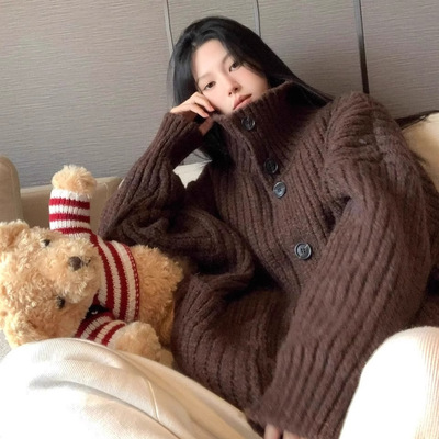 韩系慵懒风高领开衫毛衣