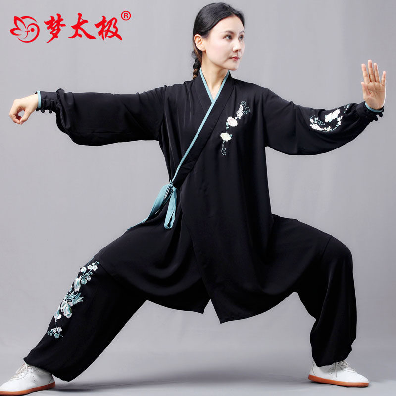 梦太极新款女装黑色珍珠绸汉服风练功服 春秋高阶太极服