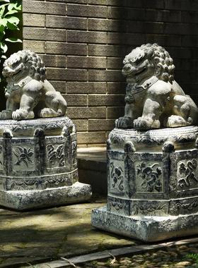 仿古做旧麒麟狮子貔貅摆件一对看门茶室家用门口人造石鼓门墩底座