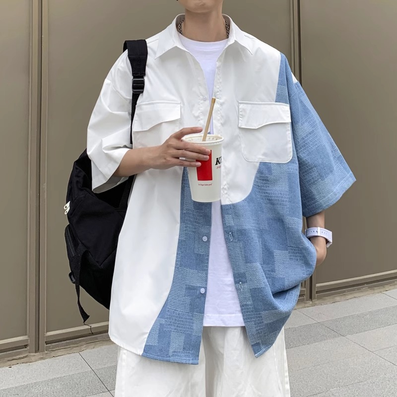 cleanfit浅蓝色格子拼接七分袖衬衫男春夏季薄款外套高级短袖寸衫