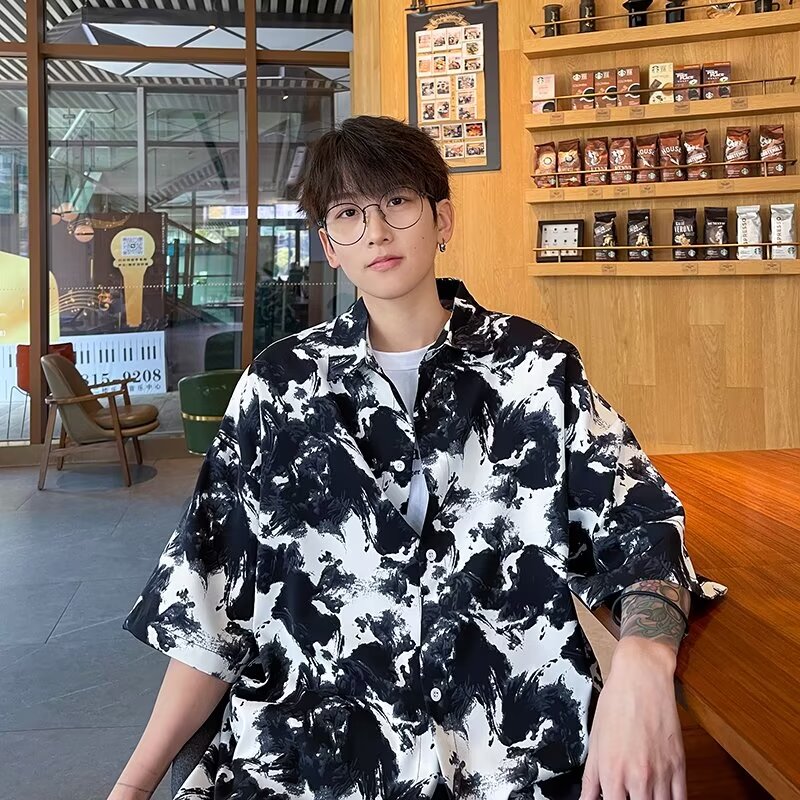 水墨扎染冰丝衬衫男短袖夏季国潮