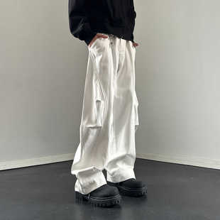 镰刀牛仔裤 休闲裤 褶皱弧形直筒裤 弯刀长裤 男女高街阔腿裤 白色美式