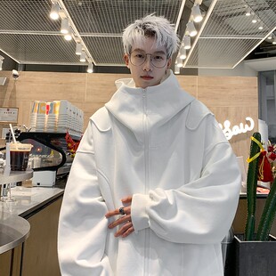 白色开衫卫衣男款2025春秋新款高级感痞帅美式重磅宽松连帽衫外套