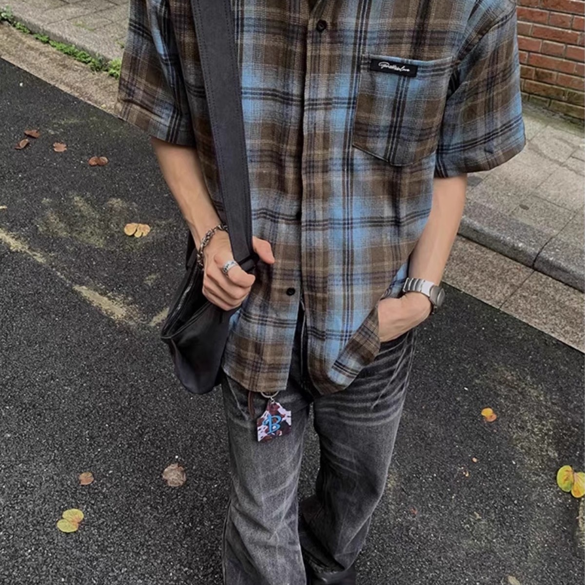 美式复古撞色格子衬衫男春夏潮牌