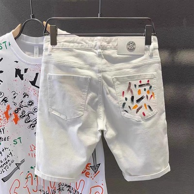 高端欧货奢侈白色牛仔短裤男修身潮牌百搭弹力涂鸦印花时尚五分裤