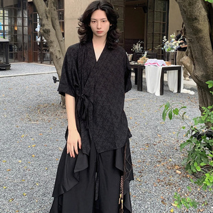 夏季复古山本耀司风花卉刺绣新中式道袍绑带短袖衬衫外套男女衬衣