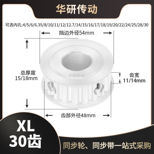 同步轮XL30齿AF型槽宽11/14传动轮内孔456.358101212.7同步带轮XL