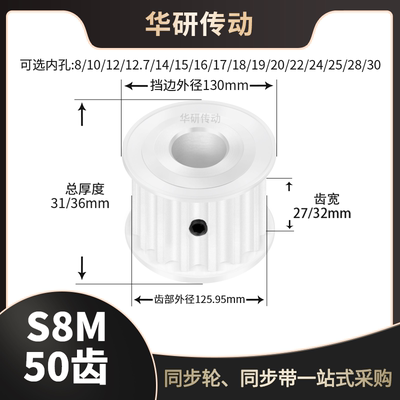 同步轮S8M50齿AF型槽宽27/32传动轮内孔1516171819202425同步带轮