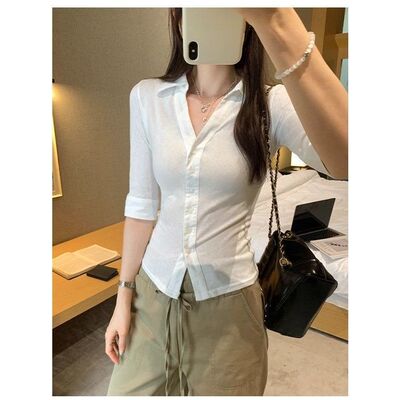 高级感中袖防晒衬衫女2025夏季新款法式通勤修身短袖小上衣chic