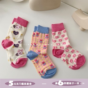 李好萌物】粉色熊熊可爱少女中筒袜 ins百搭卡通pink袜子女