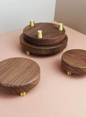 2026圆形北美胡桃木工艺品茶具奇石佛像鱼缸实木摆件底座 刻字可