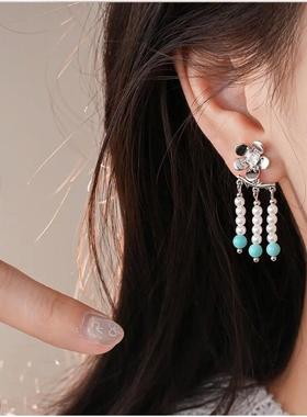 2025新款花开流苏珍珠耳钉小众设计花朵锆石耳坠百搭个性甜酷耳环