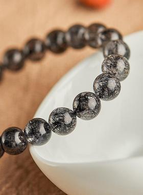 2025巴西天然黑发晶手链珠子9mm发丝晶体透发晶水晶手串单圈饰品