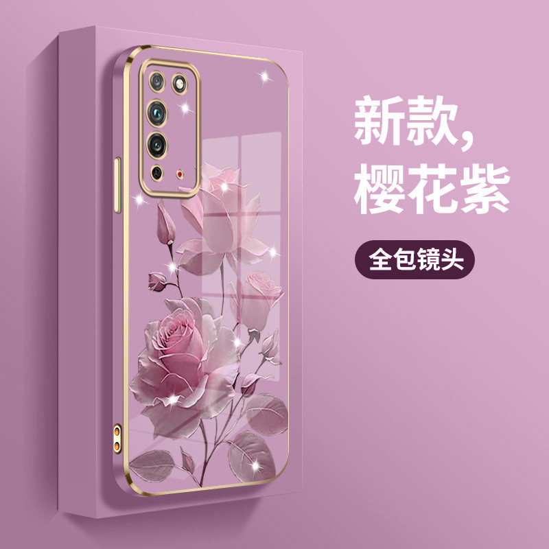 适用华为荣耀X10手机壳KKG-AN00粉扑玫瑰hw防摔TEL-AN00直边电镀壳xlo新款x十简约huawei荣耀x10max时尚个性