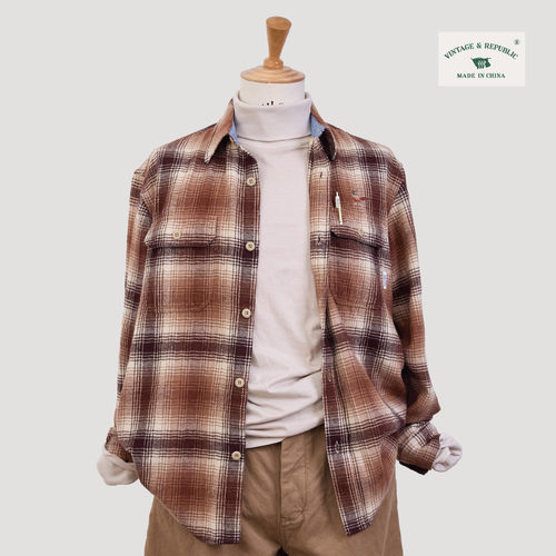 国棉壹厂山鸡绣花法兰绒格子衬衫