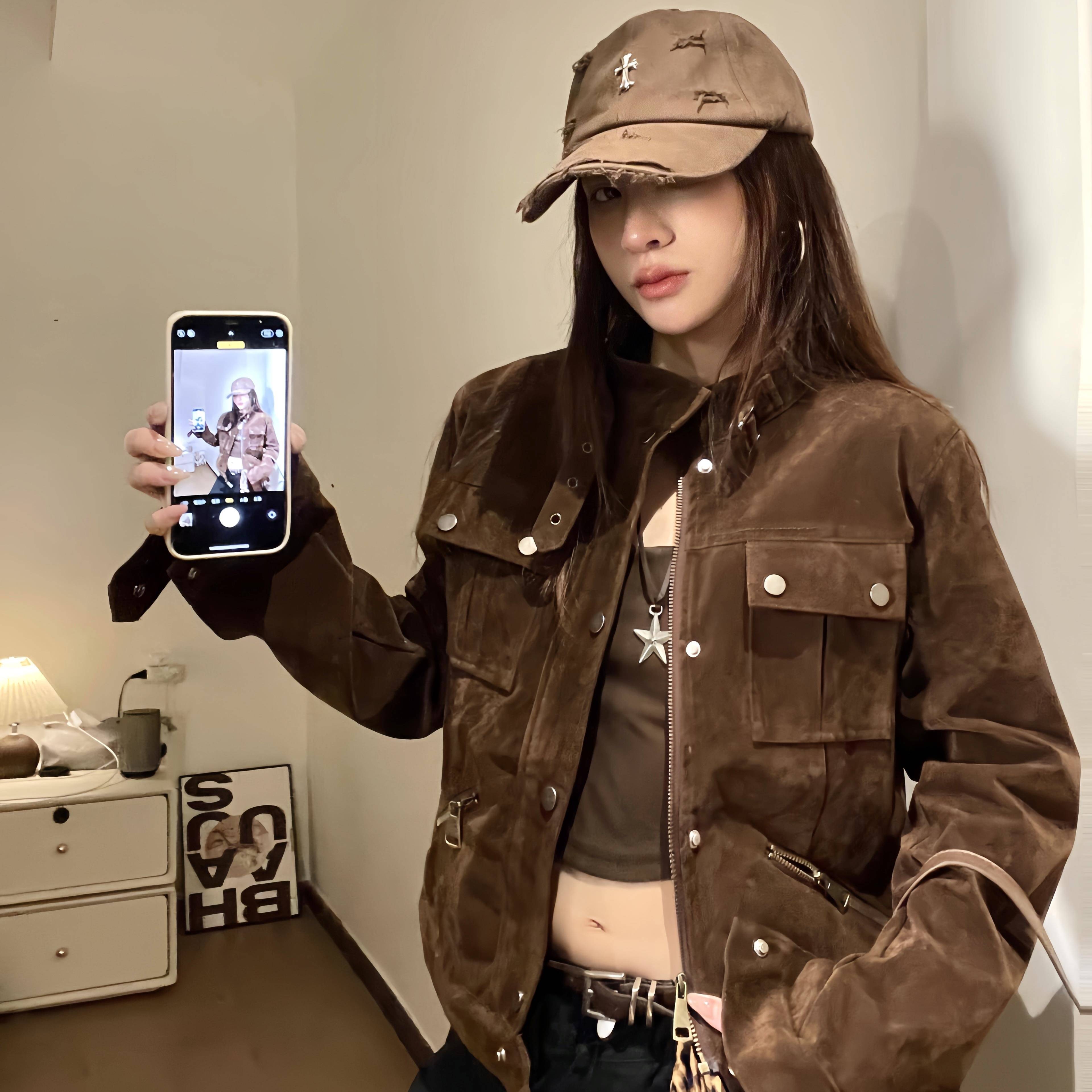 布零零美拉德麂皮绒美式复古棕色夹克外套女秋季立领短款正肩上衣